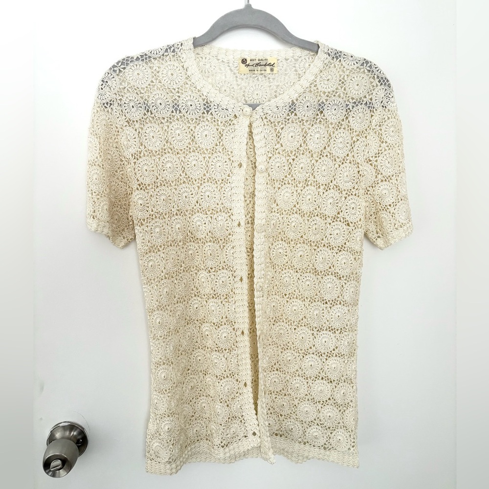 Vintage Hand Crocheted Doily Pattern Short Sleeve Button Down Cardigan Sweater S